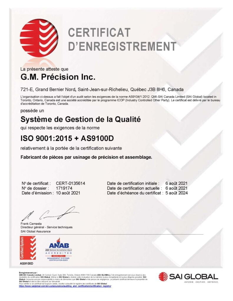 Certificat de qualité ISO9001:2015 AS9100D - Atelier d'usinage